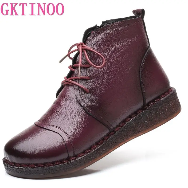 Najtaniej GKTINOO jesienna koronka z prawdziwej skóry kobiet krótki but buty damskie 2019 zima krótki pluszowy antypoślizgowy boczny zamek błyskawiczny skórzane buty