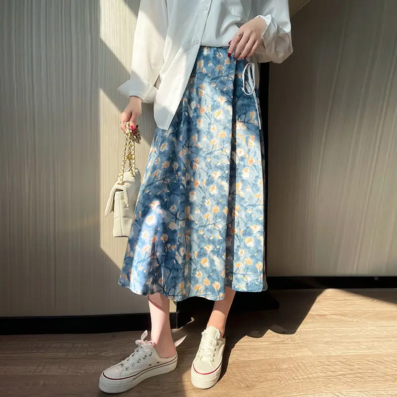 BiggOrange-Falda plisada con impresión de pintura al óleo para mujer, falda larga de cintura alta Vintage Harajuku, estilo coreano, Verano