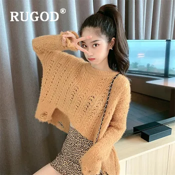 

RUGOD Hollow-out Sweater Pullover Irregular Jumpers Winter Tops For Women Knitwear Stripe Korean Style Womens Sweaters 2019