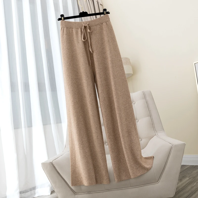 BYGOUBY Autumn Winter Thick Warm Women Wide Leg Pants Drawsring Full Length Moping Shaking Pant High Waist Casual Knit Trousers 1