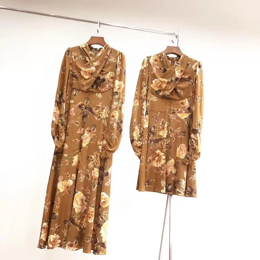 Women's Vintage Court Wind Cross-Neck Silk Print Waist Waist Thin Long Sleeve Dress - Color: as show picture