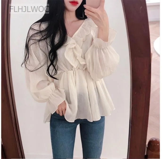 Cute Chic Tops Women Preppy Style Girls Korea Japanese Design Slim Waist Belly Peplum Tunic Ruffled Top Blouse Flhjlwoc Vestido