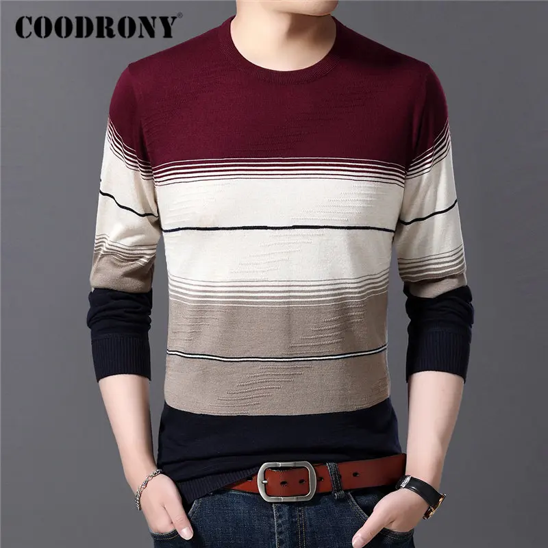 Бренд COODRONY, мужской свитер, Повседневный, с круглым вырезом, хлопковый шерстяной пуловер для мужчин, Осень-зима, модный полосатый джемпер, Свитера 91082