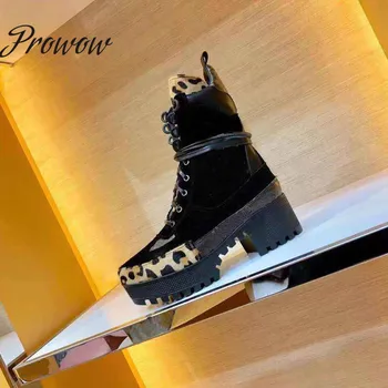 

Prowow Quality Genuine Leather Leopard Printed Gladiator Lace Up Thick Heel Ankle Boots Sexy Platform Thick Heel Winter Boots