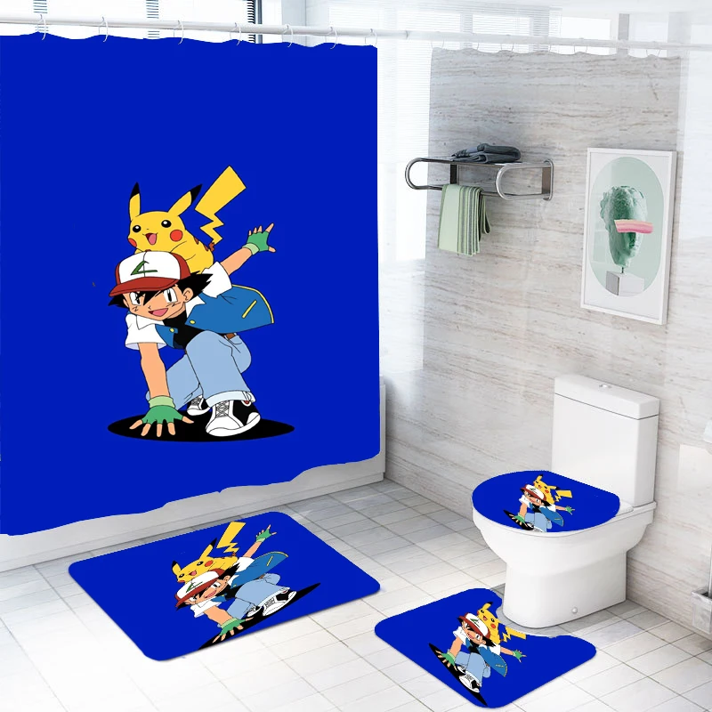 

4 Piece Pokemon Custom Anime Character Blue Bathoom Set Pikachu Toilet Lid Cover U Shape Rugs Mats Home Decor