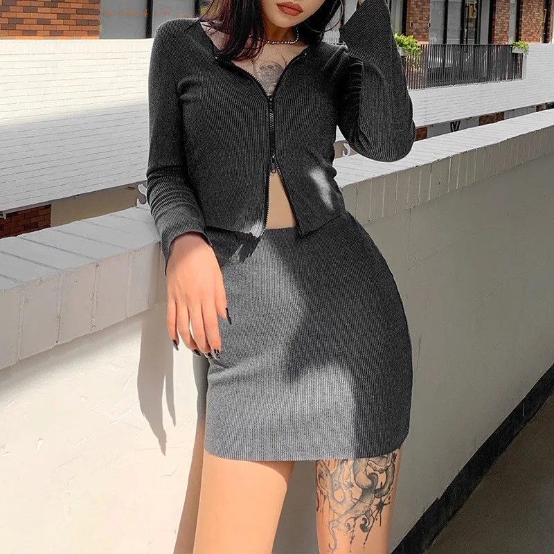 

Autumn Winter Women Fashionable Solid Color Zipper Long Sleeve Top + High Waist Hip Skirt Sexy Set Street Wear