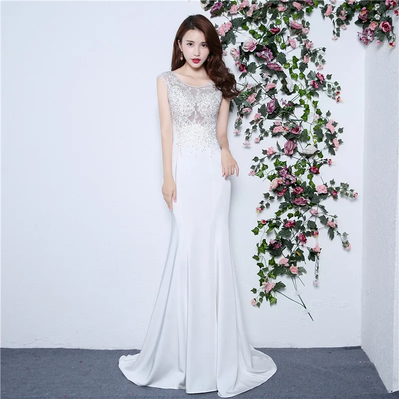 

2019 New Vestido de festa Bodice Crystal Beads Sparkly Prom Dress Sheer Illusion Sheath Long Formal Evening Dresses
