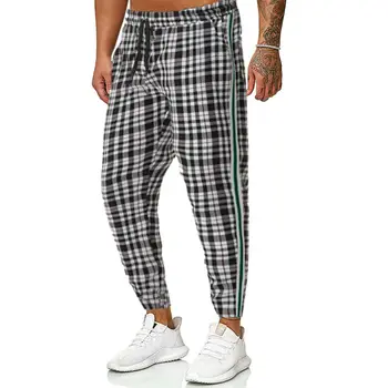 

Men Casual Long Pants Spring Autumn Slim Fit Trousers Breathable Sweatpants Fashion Gray Plaid Pants Men Side Striped Bottoms