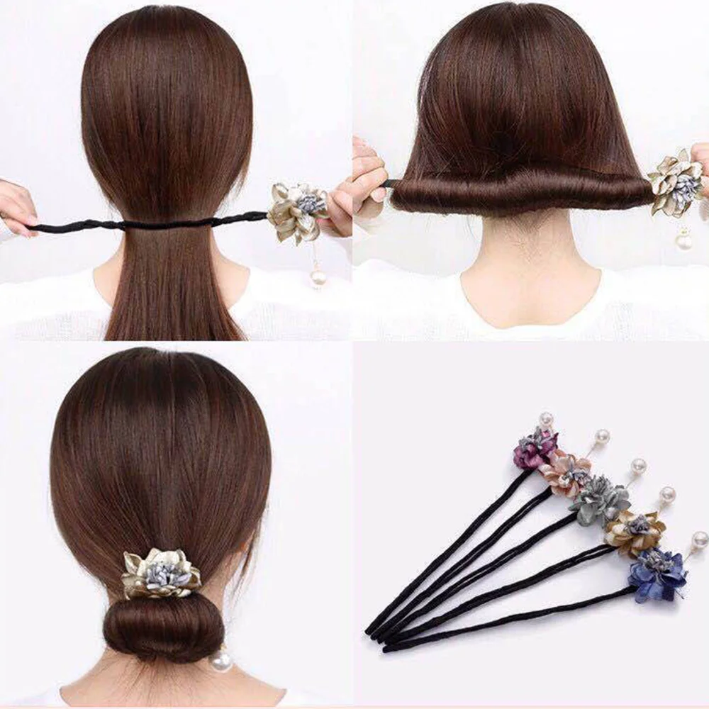 Women Wild Hair Ring Pearl Flower Magic Bun Maker Girl Hair Feeder