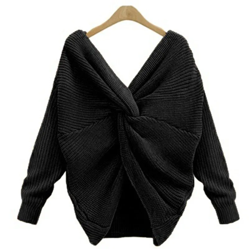 Сексуальный свитер без спинки с v-образным вырезом, ассиметричный свитер с перекрестными узелками, повседневный вязаный джемпер, топы на осень и весну, шорты, пуловер, свитера - Цвет: black