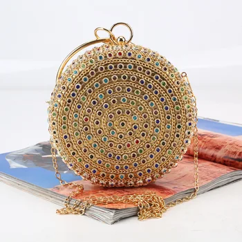 

Women Circly Box Evening Handbag Multicolor Crystal Rhionestone Diamond Studded Clutch Purse Chain Attached Heavy Style Handbag