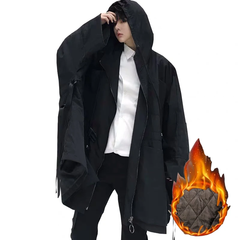 Харадзюку рукав летучая мышь плюс бархатная свободная Мужская ветровка мужская повседневная водонепроницаемая куртка Осенняя зимняя куртка мужская куртка с капюшоном