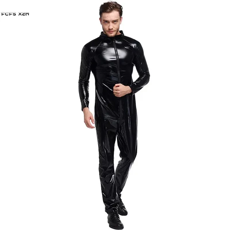 S-XXXL Black Faux Leather Men Motorcycle Jumpsuits Adult Racing suit Cosplay Nightclub Bar costumes Purim Carnival Party dress |