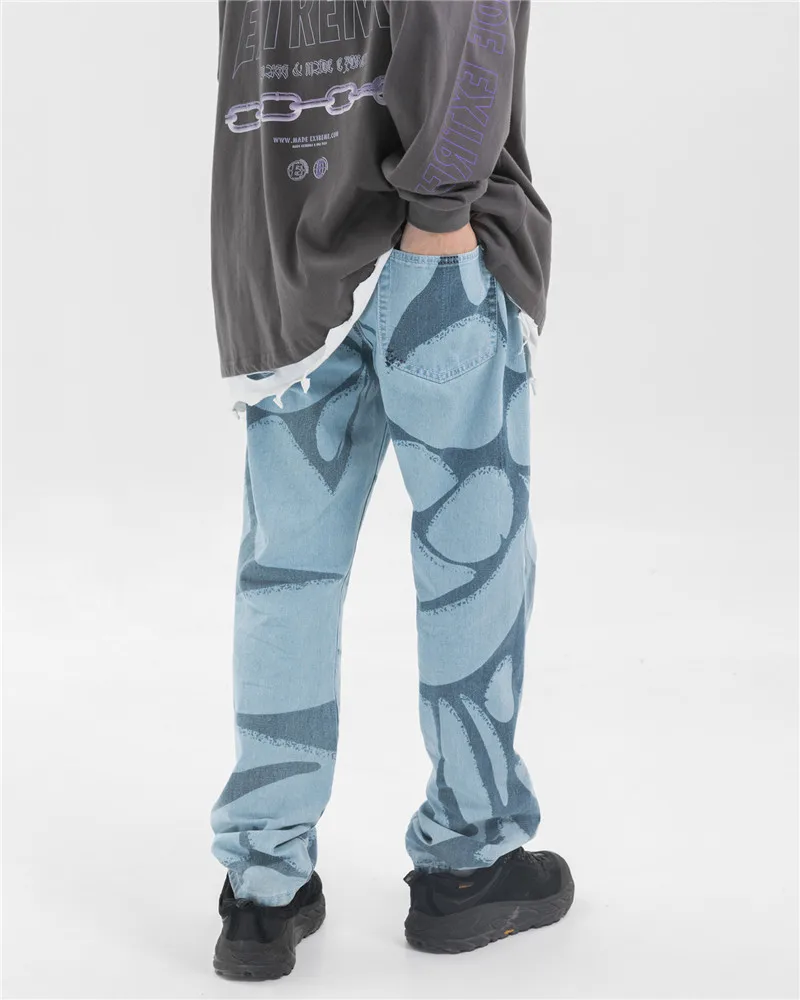 Необычные Геометрические Печатные джинсовые эластичные мужские джинсы талия Drewstring прямые брюки хип хоп Уличная осень зима брюки Jogger