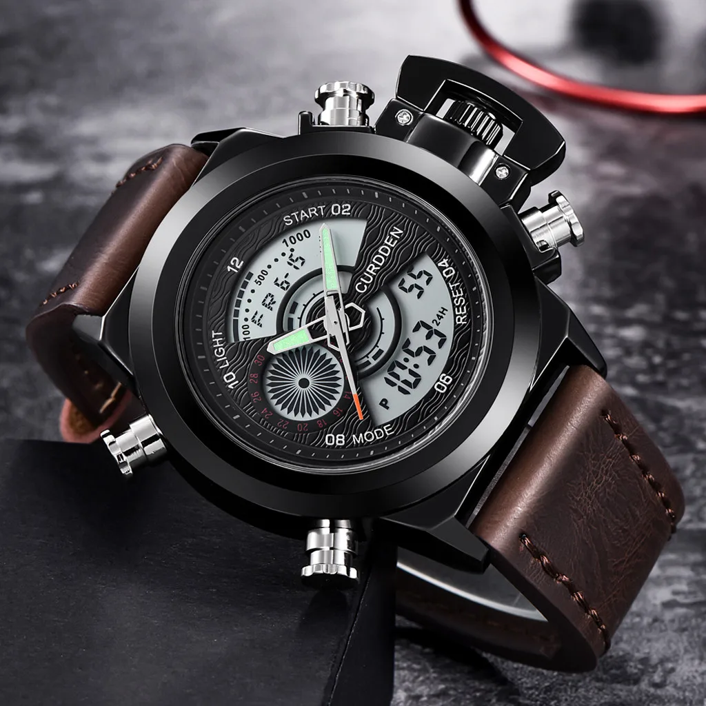 CURDDEN Watch Men Relogio Masculino Dual Display Leather Strap Steel Sports Quartz Wristwatch Life Waterproof Horloge Heren 40