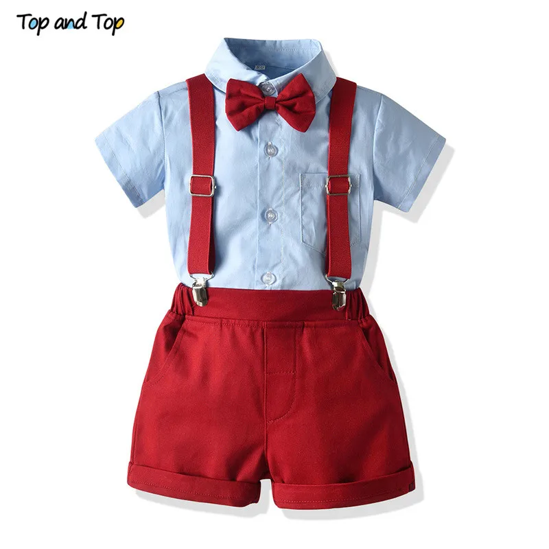 Top And Top Newborn Baby Boy Gentleman Clothes Set Short Sleeve Bowtie Shirt Tops+suspenders
