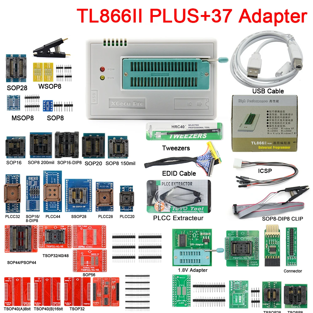 Mejor Compra XGECU-programador Universal de alta velocidad, 100%, V10.8, TL866II Plus, 37 adaptadores, Clip de prueba, PIC Bios, TL866II, Original 87ZkzMRj