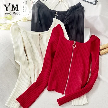 

YuooMuoo Ins Fashion 2019 Elegant Square Collar Zipper Design Crop Cardigan Women Autumn Knitted Sweet Sweater Ladies Jumpers