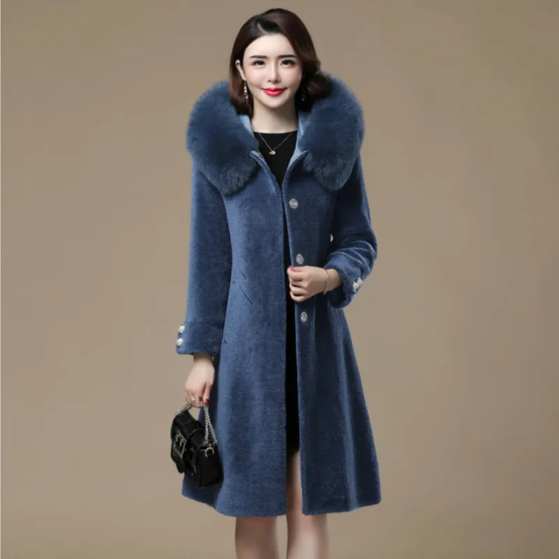 

HANZANGL 2019 Winter new women's haining fox fur hooded sheep shearing coat Slim long wool granule Fur coat outwear M-4XL