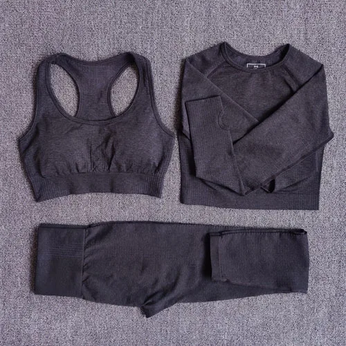 Black 3 pcs set Vital женский набор для йоги, одежда для тренировок с длинным рукавом, фитнес-кроп Топ, спортивный бюстгальтер с высокой талией, бесшовные леггинсы, спортивные костюмы - Цвет: Black 3 pcs set