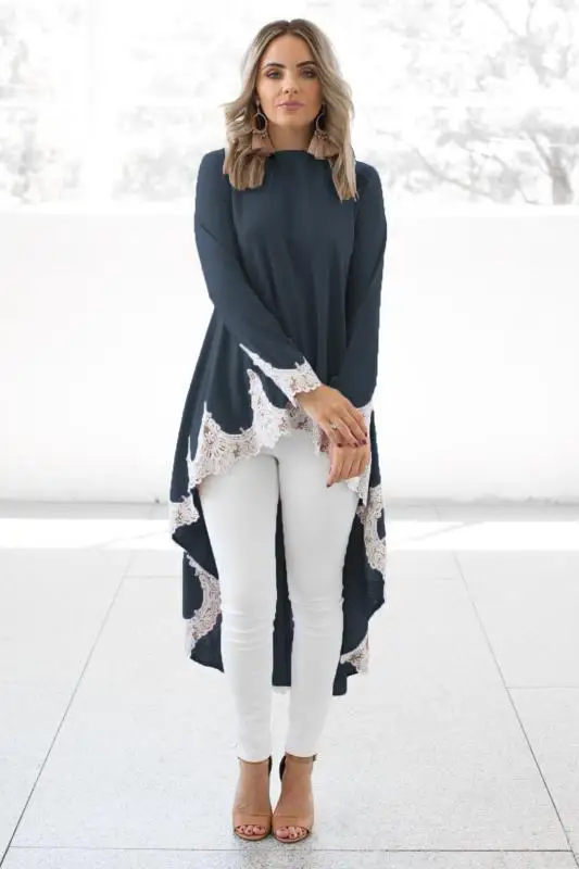 WEPBEL Fashion Long Sleeve Dubai Style Casual Muslim Dresses for Women O Neck Pullover Irregular Hem Tops Solid Color Lace Dress