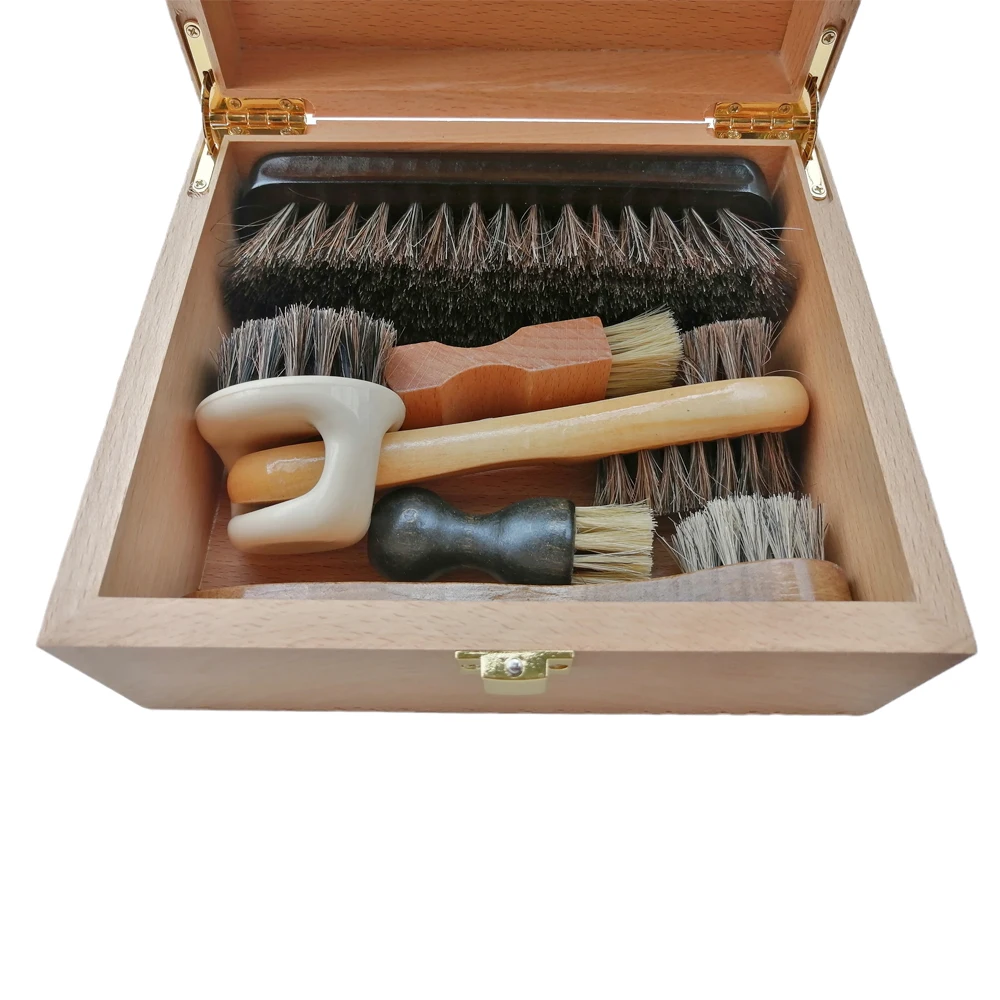 Handmade Strong and Durable Shoe Brush Storage Box, Natural Wood, Clamshell Cleaning Tool, Toolkit 5