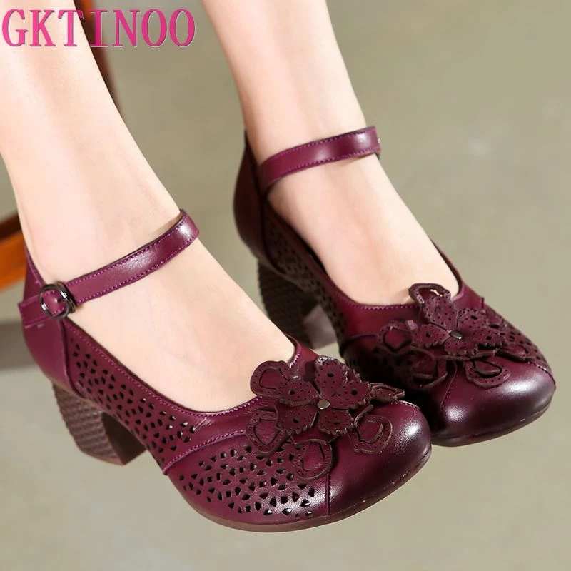 GKTINOO zapatos de tacón alto de piel auténtica para mujer, calzado Retro informal, con punta redonda, hecho a mano con flores, para otoño, 2022| Zapatos de de mujer| - AliExpress