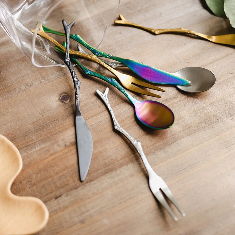 Silverware Retro Branch Knife Fork Spoon Baby Steel Titanium Stainless Spoons 3 Pcs