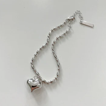 

GHIDBK 925 Sterling Silver Beaded Chain Heart Pendant Bracelets Bangles Minimalist Beads Threaded Charm Bangle Dainty Bracelet