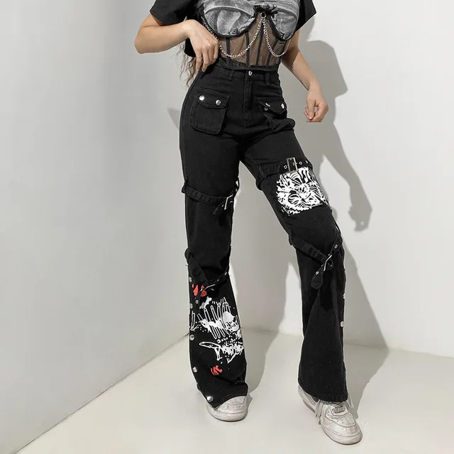 InsGoth Y2K Punk Skull Print Black Buckle Pants Harajuku High Waist Big Pocket Trousers Goth Mall Grunge Cargo Pants Techwear 5