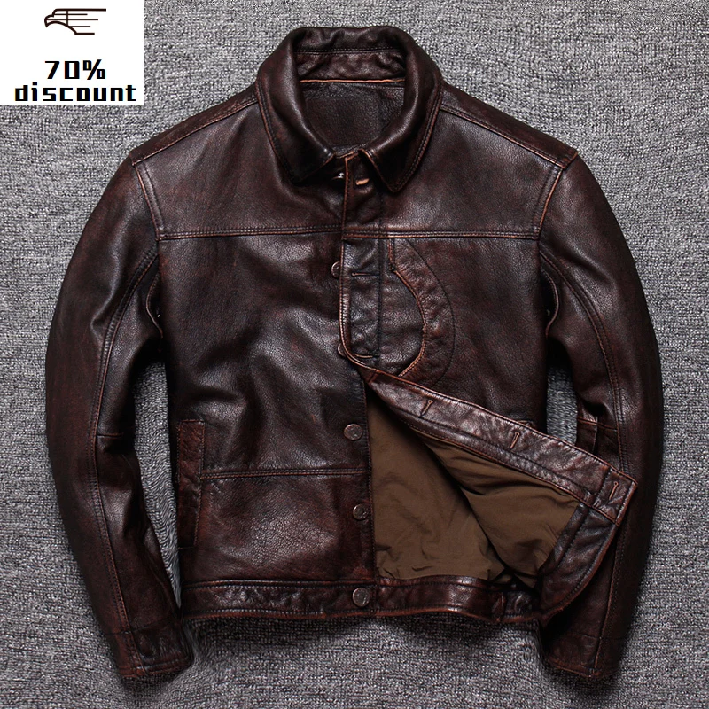

2020 New men's Genuine leather jacket Head Men's fit Lapel short single breasted leather jacket cow leather coat