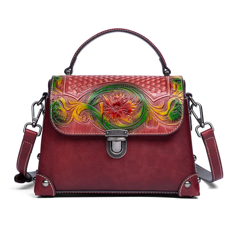 Floral Genuine Leather Retro Painted Carving Craft Women Tote Bag
