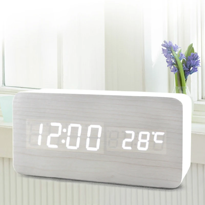 

Modern Wooden Digital LED Alarm Clock Calendar Desktop Table Digital Thermometer Adjustbale Brightness