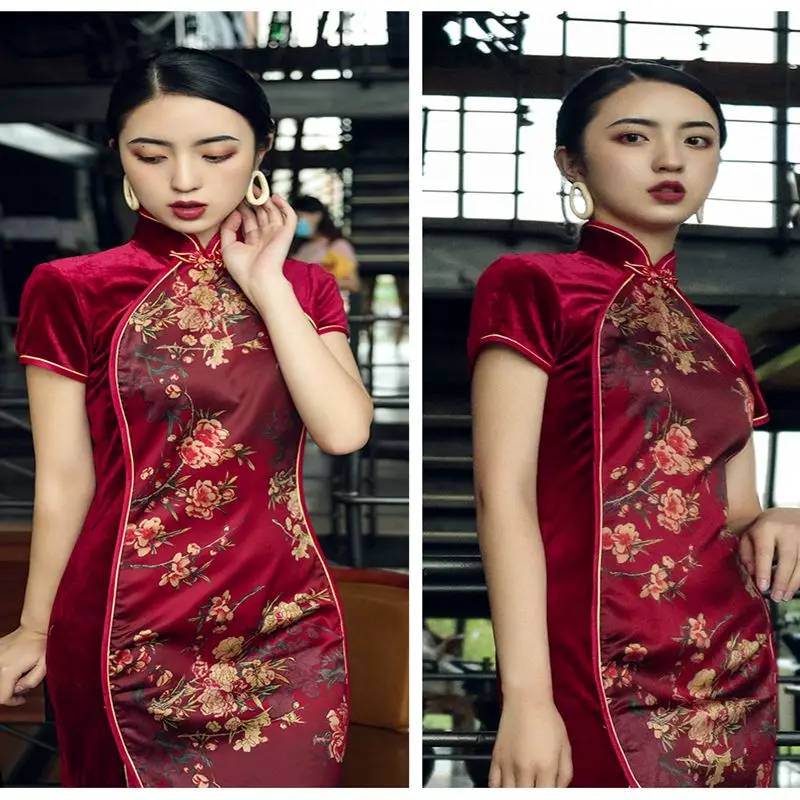 С цветочным принтом, Длинное Элегантное женское платье Qipao в китайском стиле, сексуальное платье с разрезом для сцены, винтажный воротник