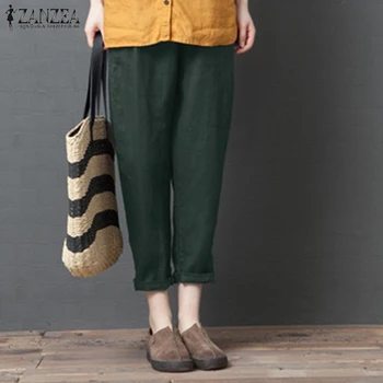 

2020 Women Long Straight Trousers ZANZEA Casual Turnip Pantalon Vintage Solid Elastic Waist Cotton Loose Cropped Pants Female