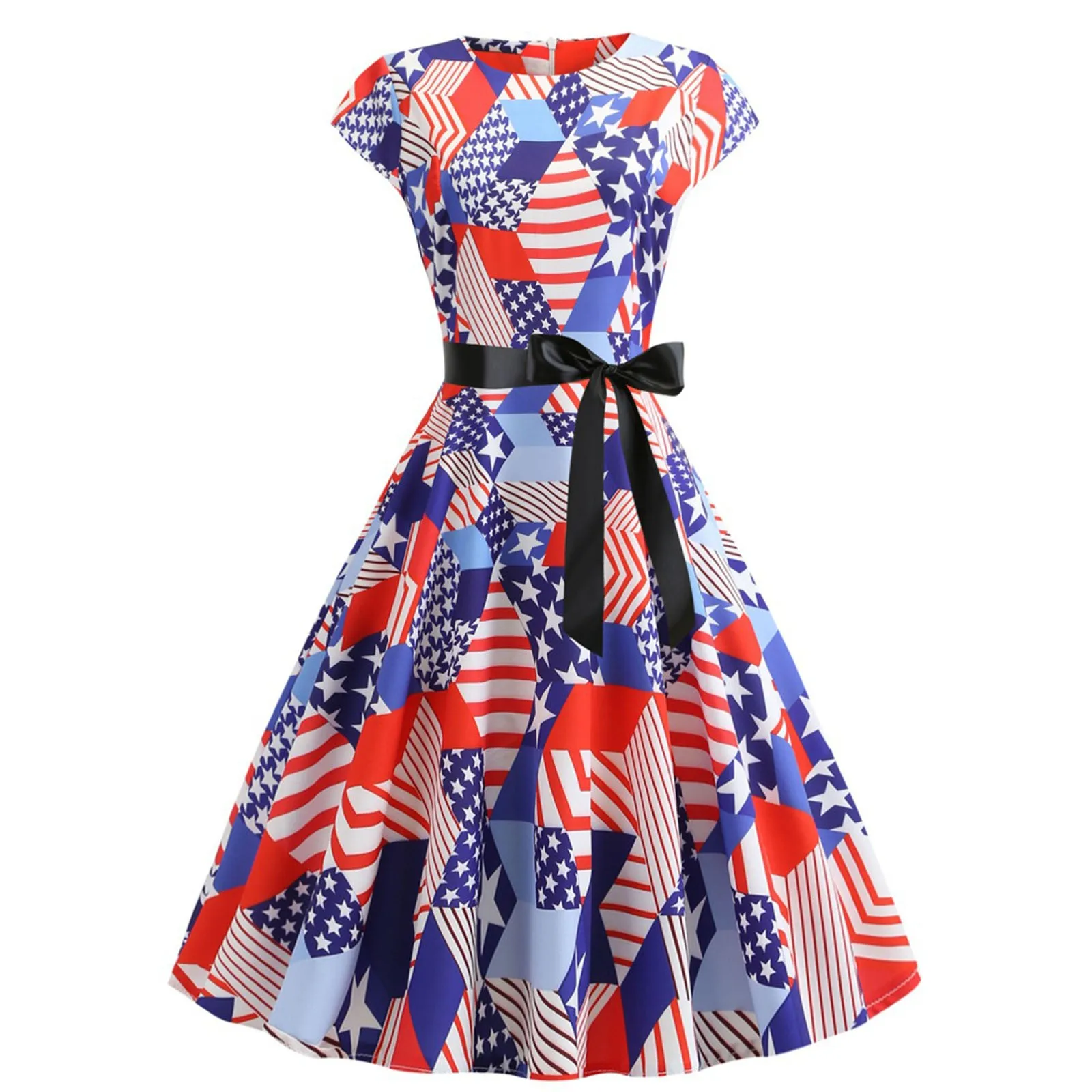 2021 Women's Short Sleeve Independence Day Black Ribbon Waist Gathering Big Hem Dress Printed Casual Round-Neck Plus Size dress 2