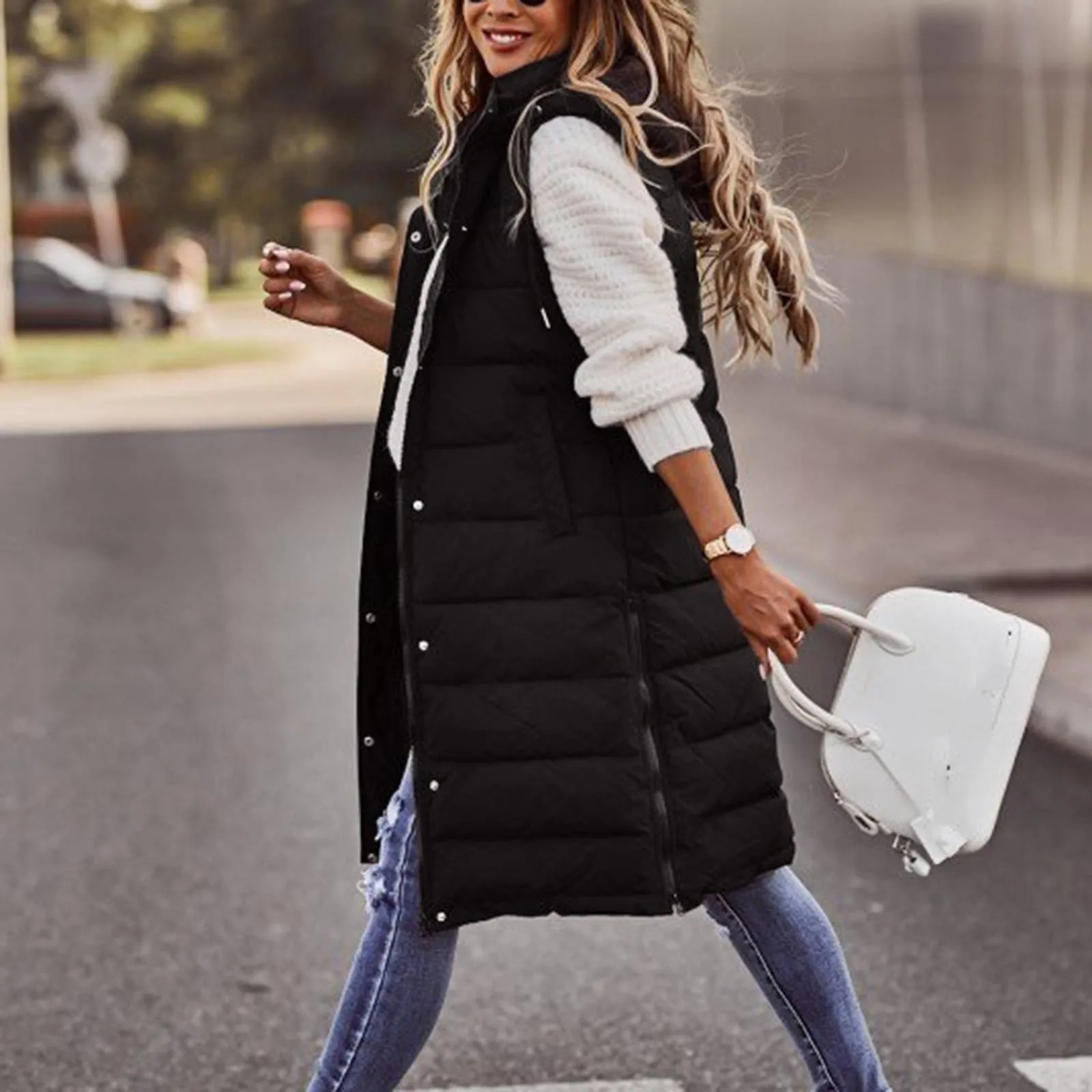 Women Zip Front Quilted+Waistcoat Fall-Winter Solid Color Stand-Collar Down Puffer Vest Jacket