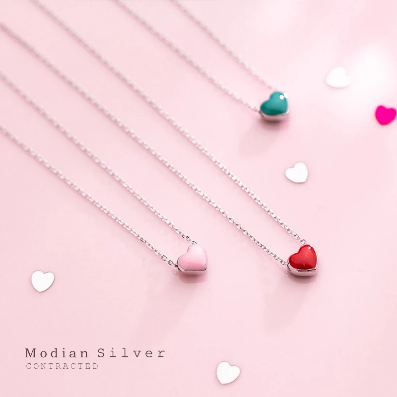 

Modian Real 925 Sterling Silver Red Pink Green Enamel Hearts Pendant Necklace for Women Statement Fine Silver Jewelry Collar