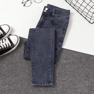 dark blue Джинсы для женщин, Корейская одежда, Осенние тонкие джинсы с высокой талией, черные женские джинсы, модные женские джинсовые штаны - Цвет: dark blue