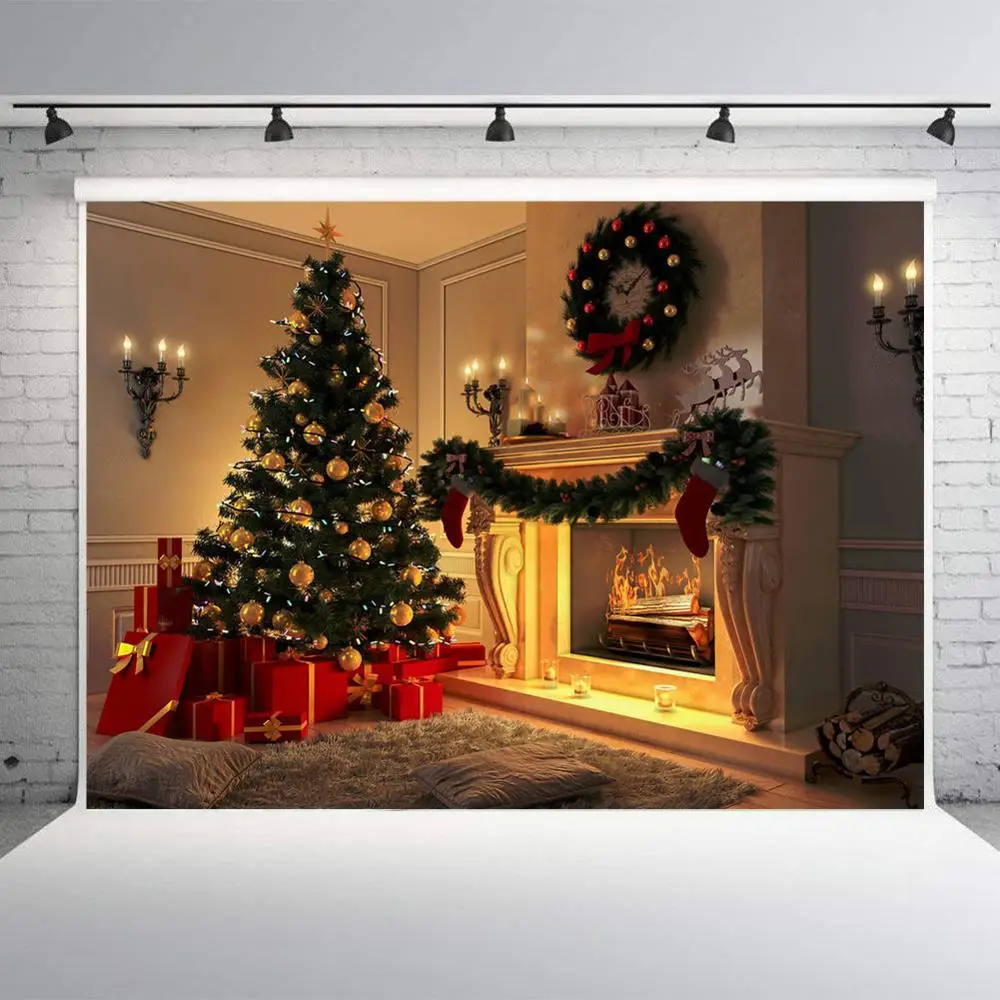 

Christmas Tree Gift Sock Indoor Fireplace Theme Background Santa Garland Xmas Ball Carpet Backdrop