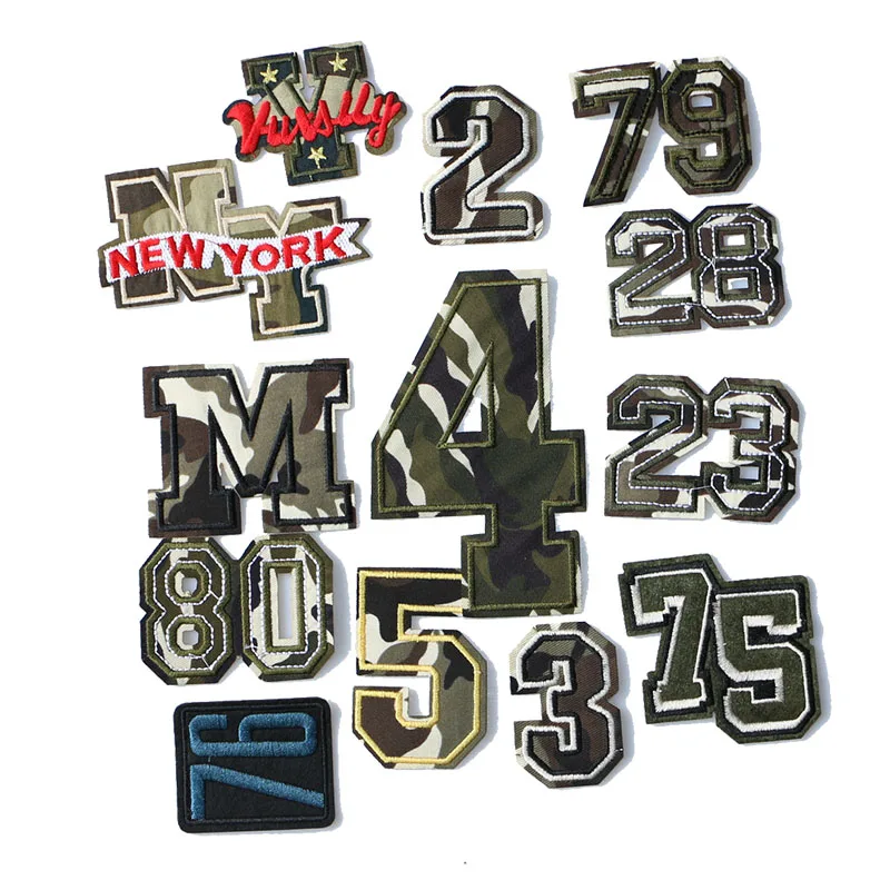 

Camouflage numbers and letters icon Embroidered Iron on Patche for Clothing DIY Stripes Clothes Patchwork Stickers Custom Badges