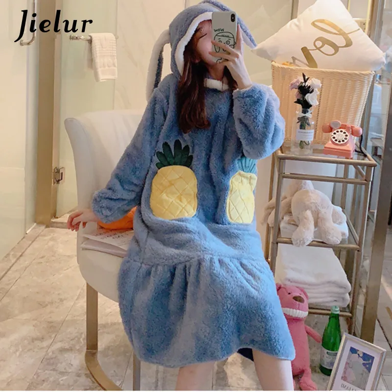 Jielur коралловые бархатные Халаты женские милые теплые с капюшоном мультяшная Ночная сорочка дамы кролик фланель кимоно пижамы платье - Цвет: 01Blue