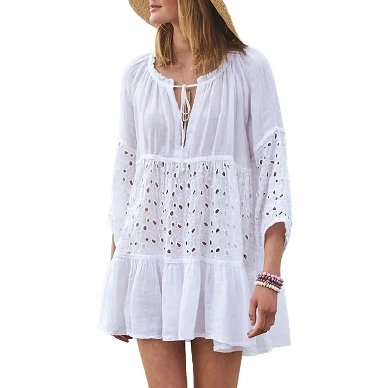 

Women Swimsuit Cover Ups 3/4 Sleeve Beach Tunic Dress Solid White Beach Cover-ups Loose Elegant Beach Dress