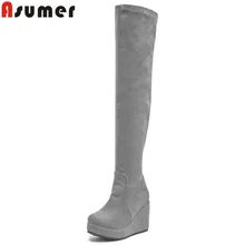 Asumer2020/Новые Сапоги выше колена женские сапоги с круглым носком без застежки; сезон осень-зима ботинки на платформе и высоком каблуке для выпускного бала Большие размеры