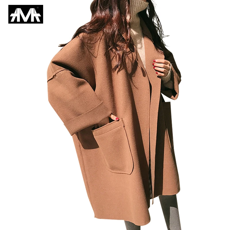Женское осеннее пальто модное женское Коричневое Пальто длинное стильное карманное шерстяное пальто женское повседневное однотонное свободное черное пальто оверсайз