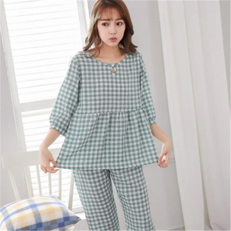 

Daeryard Women Plaid Cotton Pajamas Set Round Neck Knitted Pyjamas Pants Femme Soft Breathable Sleepwear Casual Homewear Pj Set