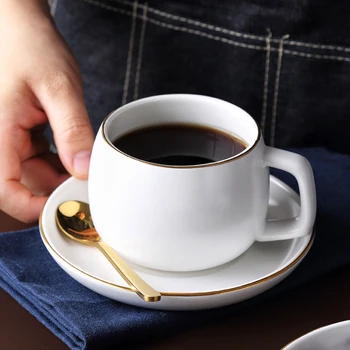 

Ceramic Coffee Cup and Saucer White Pigmented Porcelain Tea Cup Set with Stainless Steel 304 Spoon