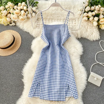 

Korean Retro Dress Female Suspenders Split Blue Checked Dress 2020 Summer Spaghetti Strap Vestido