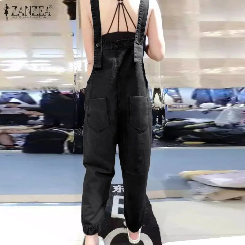 ZANZEA 2020 Women's Denim Blue Jumpsuits Vintage Sleeveless Suspender Overalls Casual Playsuits Female Rompers Solid Harem Pants