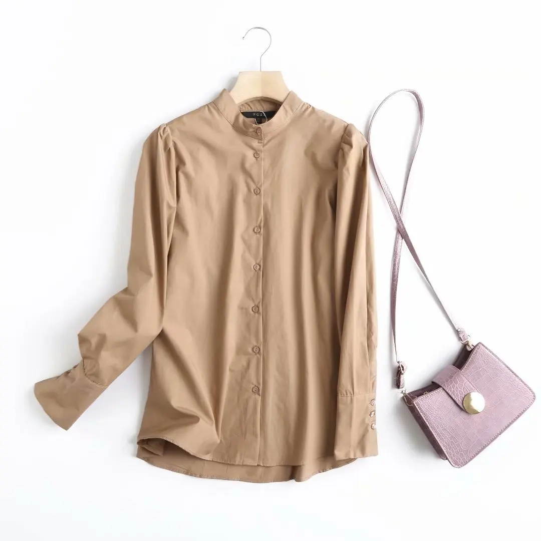 

Za Fashion 2021 Women Shirts Cotton Solid Khaki Button Shirts Casual Long Sleeve O Neck Long Sleeve Blouse Elegant Mujer Tops